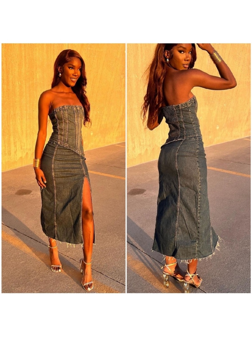 Zara Dark Denim Strapless Midi Dress with Front Slit